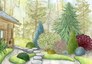 Крыльцо дома, композиция из хвойных и лиственных растений, каменные мостики и step-камни